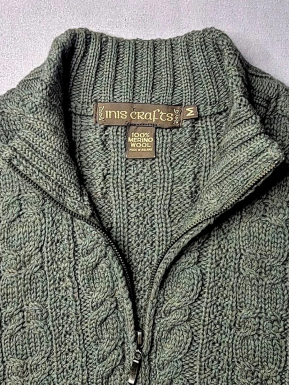 Inis Crafts Cable Knit Zip Cardigan Merino Wool Cable Knit in Green Medium